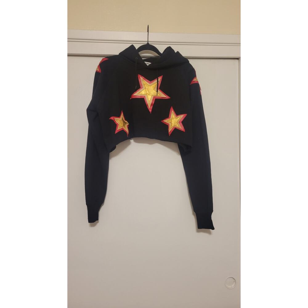 High Heels Suicide Cropped Hoodie Black Metallic Star Appliqué Indie Goth Y2K M
